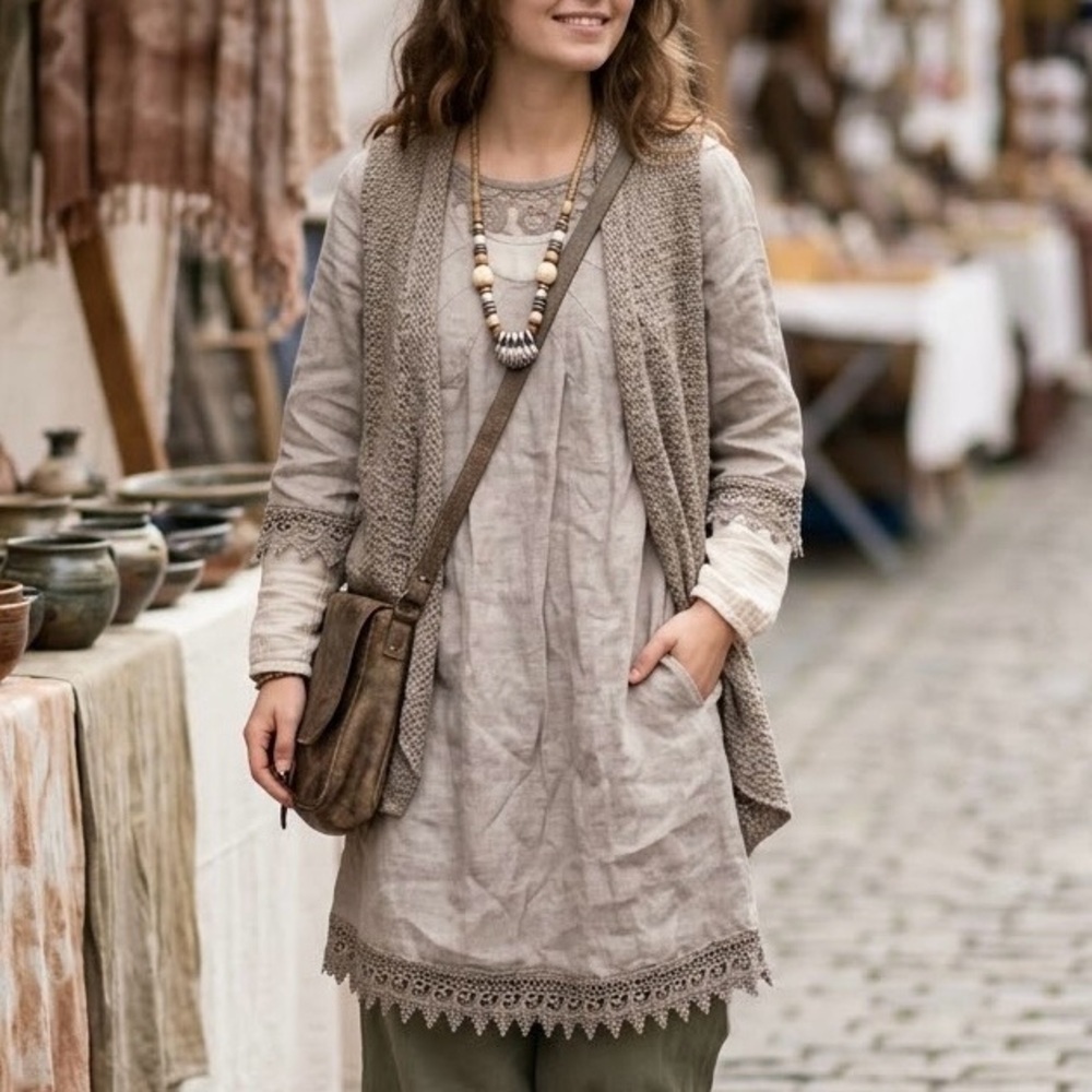 Stella Rosa Italy Linen Tunic Dress Crochet Lace Trim Taupe Lagenlook Boho Indie